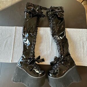 Black Patent Over-the-Knee Lace-Up Platform Boots